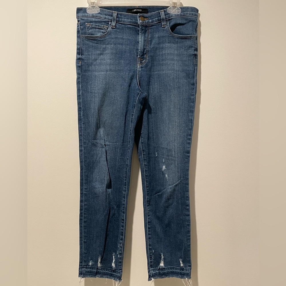 J Brand Women's Blue Denim Distressed Hem High Rise Skinny Jeans